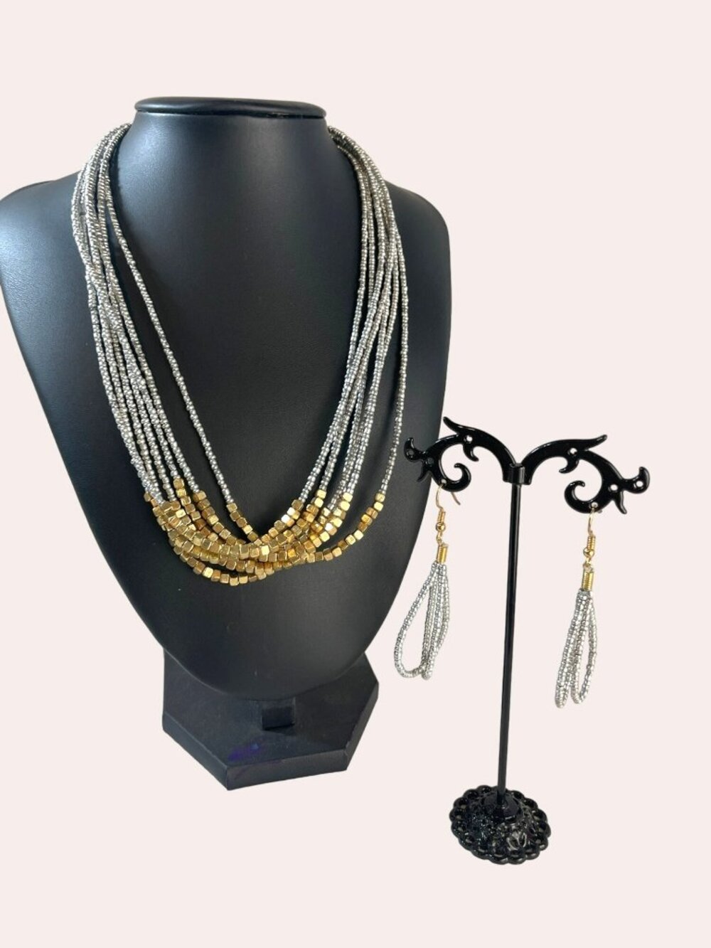 Seed Bead Gold Silver 7 Strand Waterfall Necklace Earring Set 9" Drop